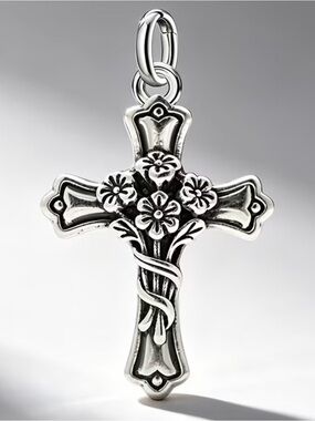 Floral Cross Pendant Charm in Sterling Silver